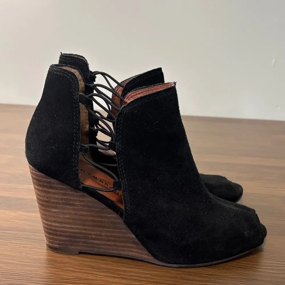 Lucky Brand Black Suede‎ Peep-Toe Wedge Booties Sz 9